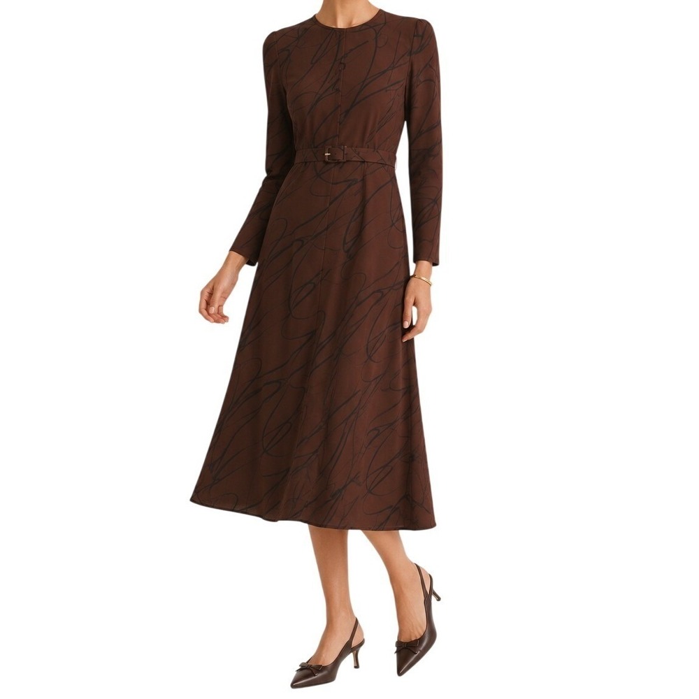 Tuckernuck Twombly Bex Midi Dress Brown Abstract Belted Long Sleeve NWT L